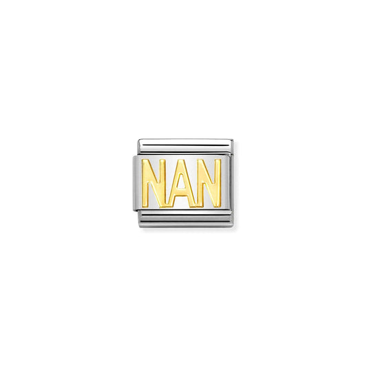 A Nomination charm link featuring the word 'NAN' in plain gold capital letters