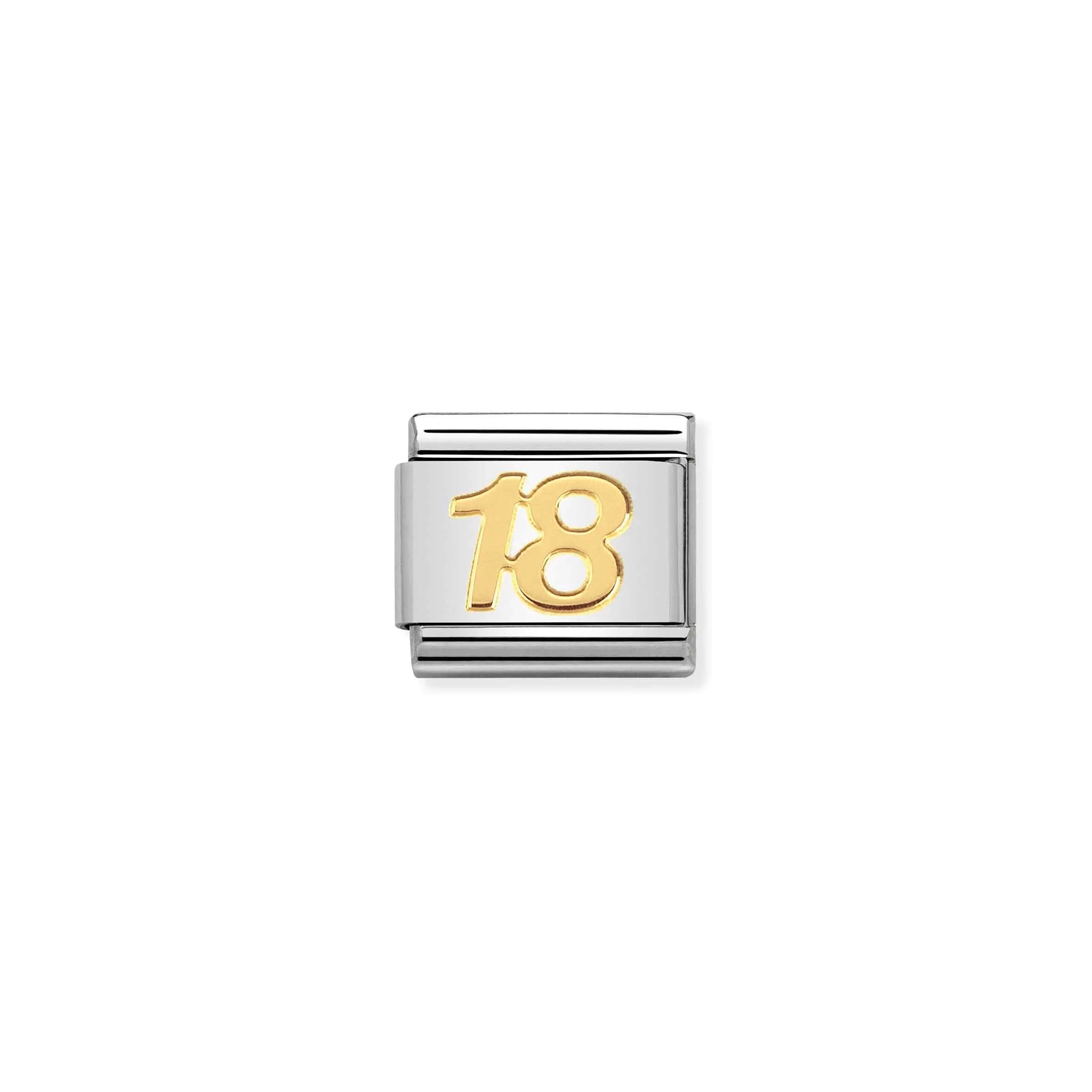 A Nomination charm link featuring a plain gold number 18