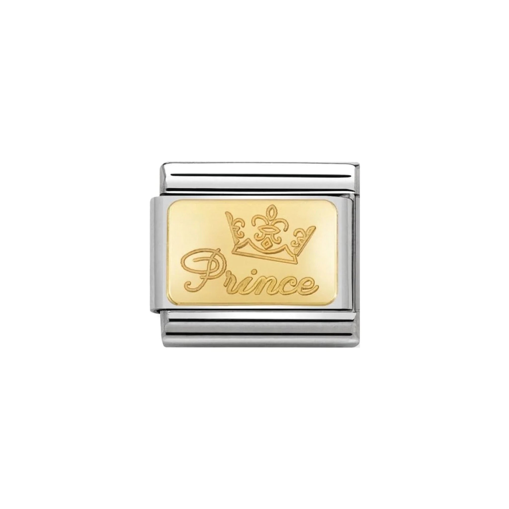 A Nomination charm link featuring a gold plaque engraved with 'prince' and a crown