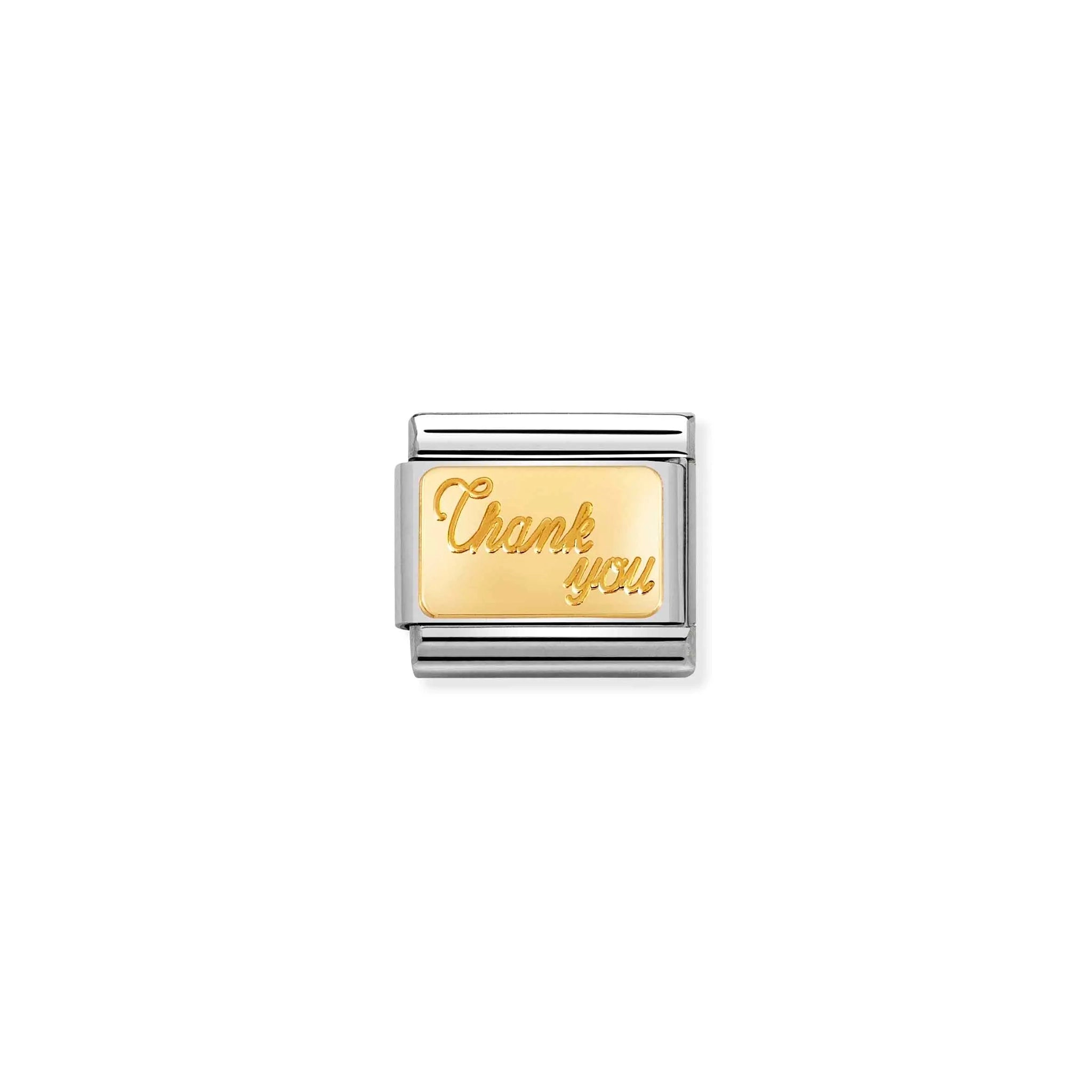 A Nomination charm link featuring a gold plaque engraved with 'thank you'