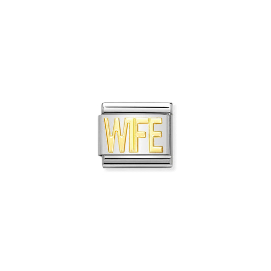 A Nomination charm featuring the word 'WIFE' in gold capital letters