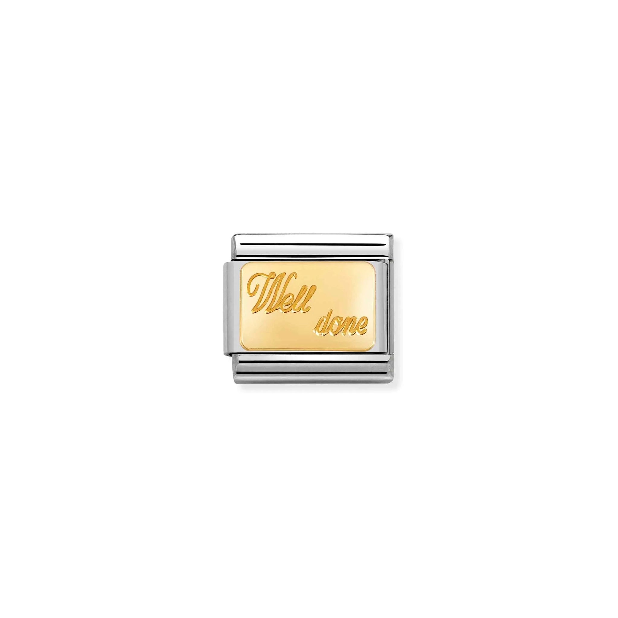 A Nomination charm link featuring a gold plaque engraved with 'well done'