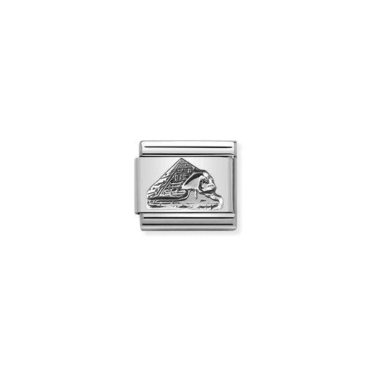 Nomination charm link featuring a silver pyramid and sphynx of Egypt