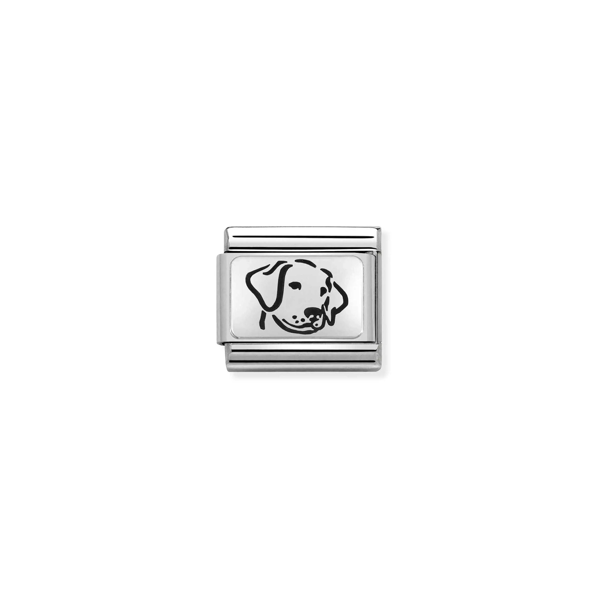 Nomination charm link featuring a silver plaque with an oxidised dog's face design