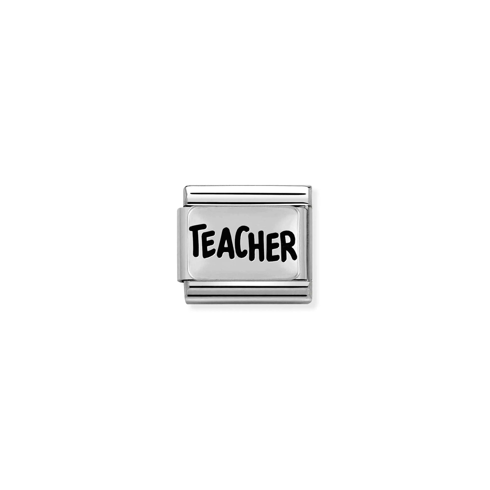 Nomination charm link featuring a silver plaque with 'TEACHER' in oxidised silver