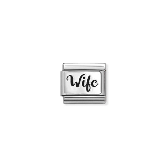 Nomination charm link featuring a silver plaque engraved with 'Wife' in oxidised silver'