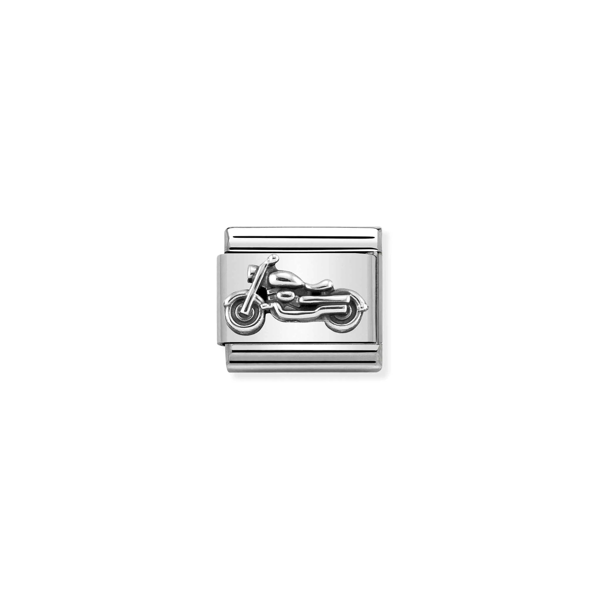 Nomination charm link featuring a silver motorbike with oxidised silver details