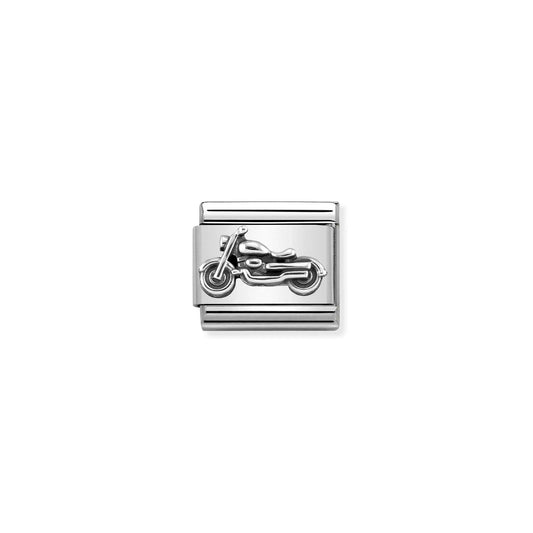 Nomination charm link featuring a silver motorbike with oxidised silver details