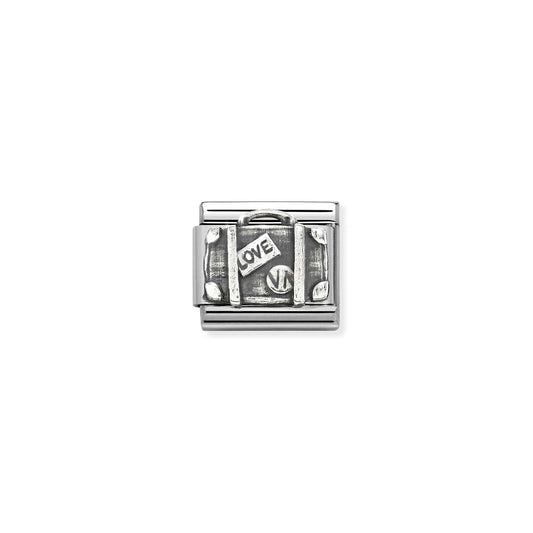 Nomination charm link featuring a silver travel suitcase with oxidised silver details
