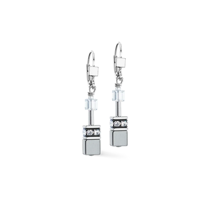 Long drop earrings with silver and grey geo cubes and stainless steel hooks