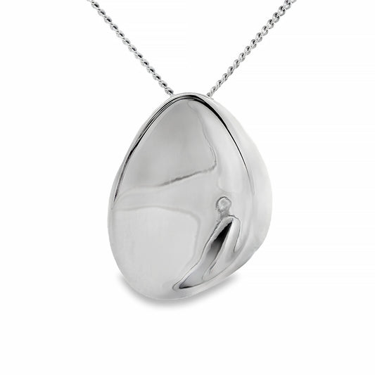 Polished silver pendant shaped like a guitar plectrum on a silver chain
