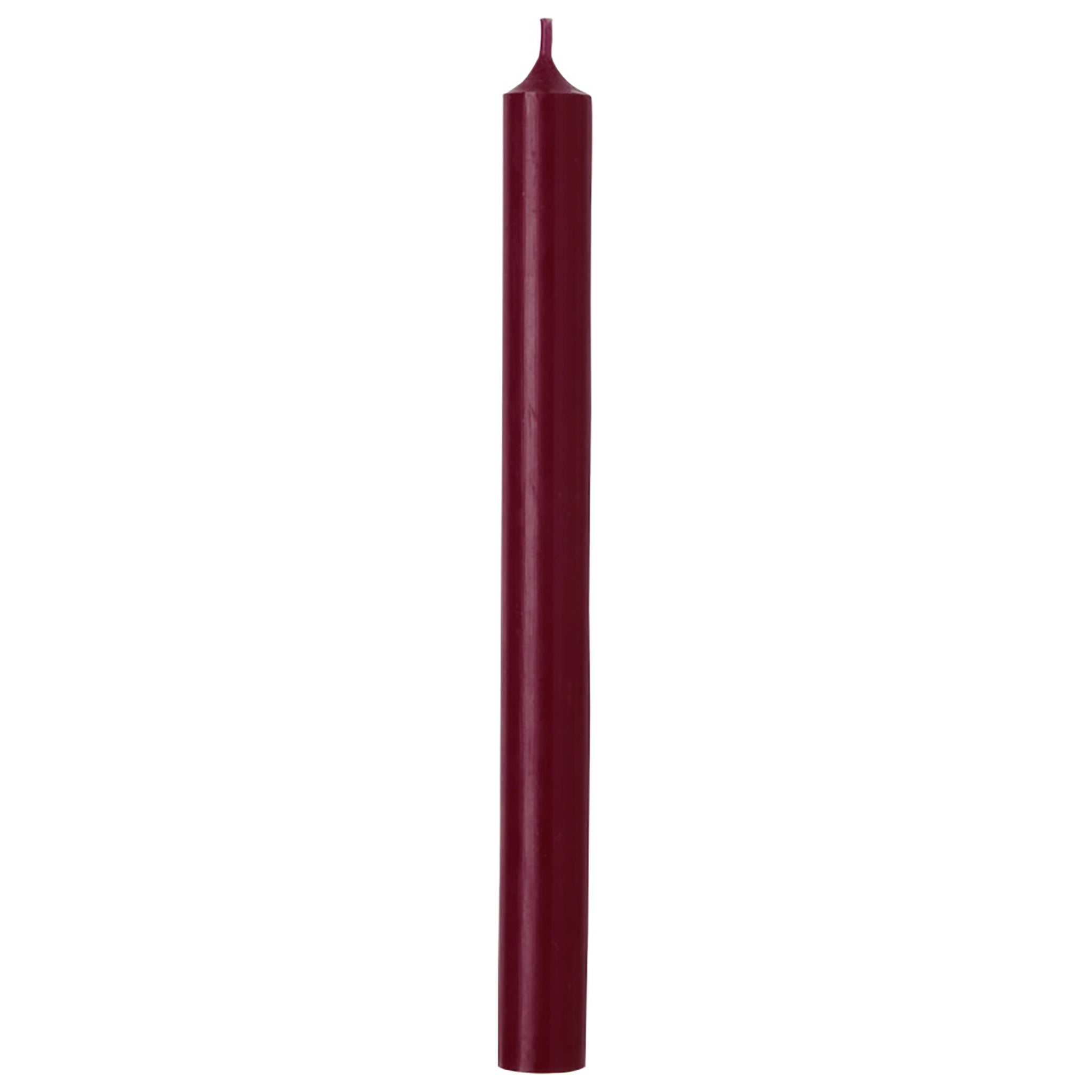 Tall dinner candle with simple straight cylinder shape in rich plum red colour
