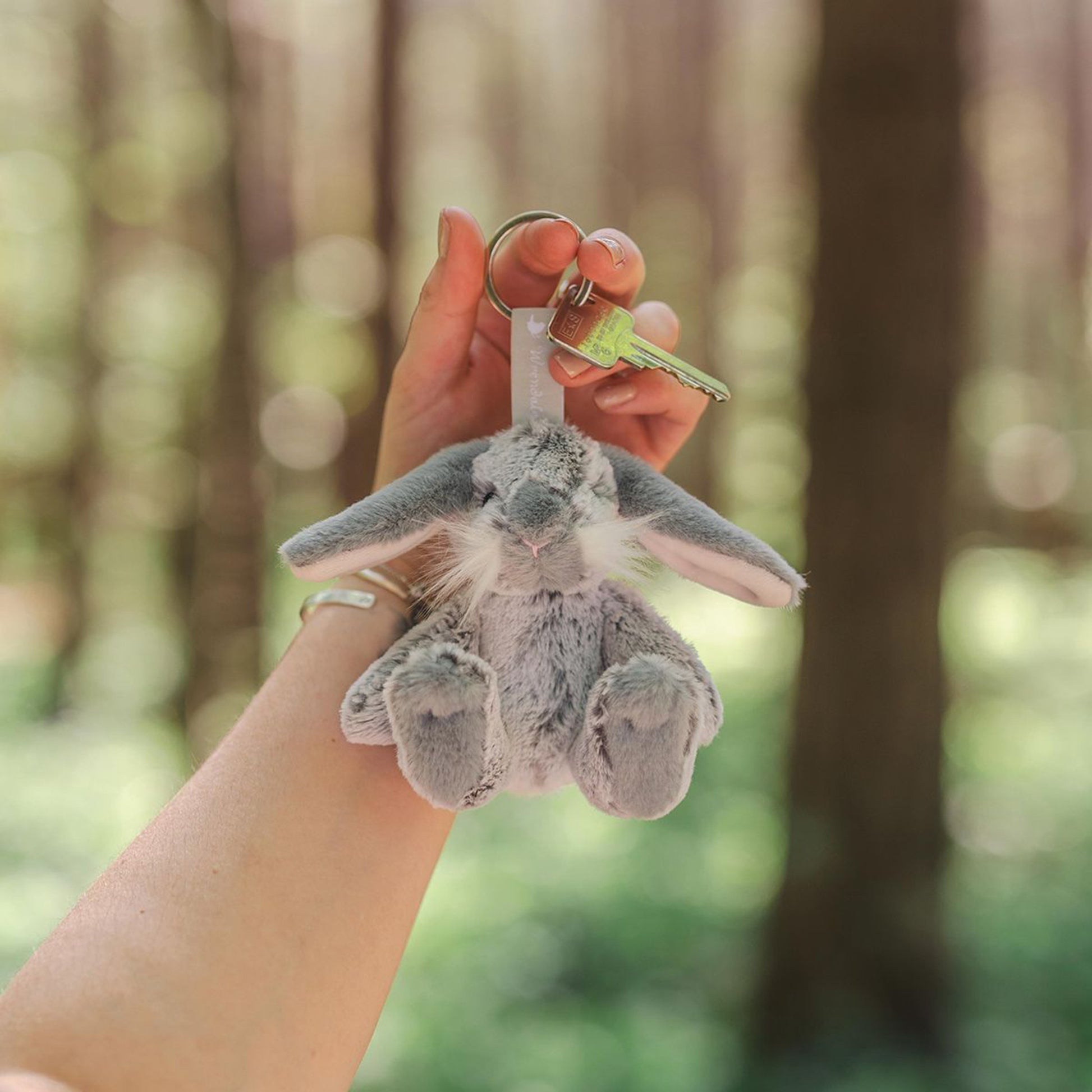 Plush bunny keychain with loop ring lifestyle