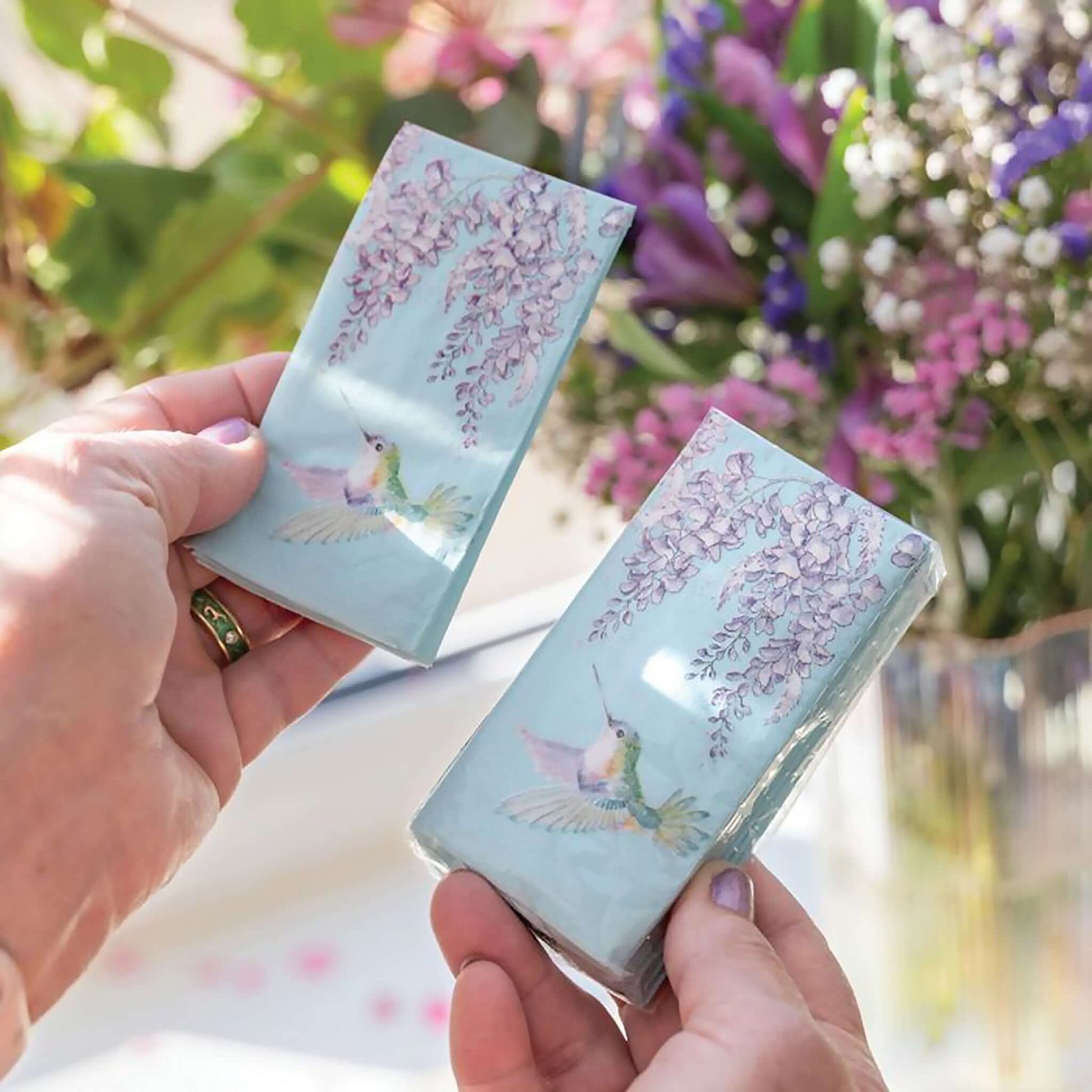 Hummingbird and wisteria decorated pocket tissues lifestyle