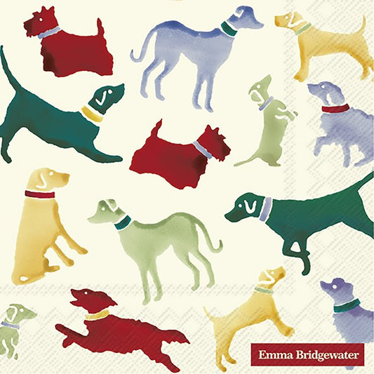 Paper napkins with a sweet design by Emma Bridgewater of dog silhouettes in a variety of colours and adorable poses