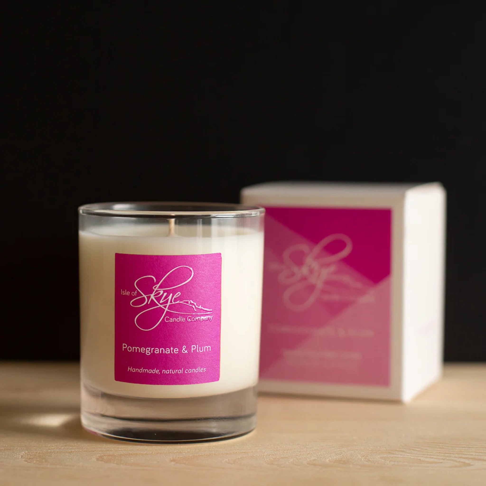 Isle of Skye small glass tumbler candle in the scent pomegranate and plum