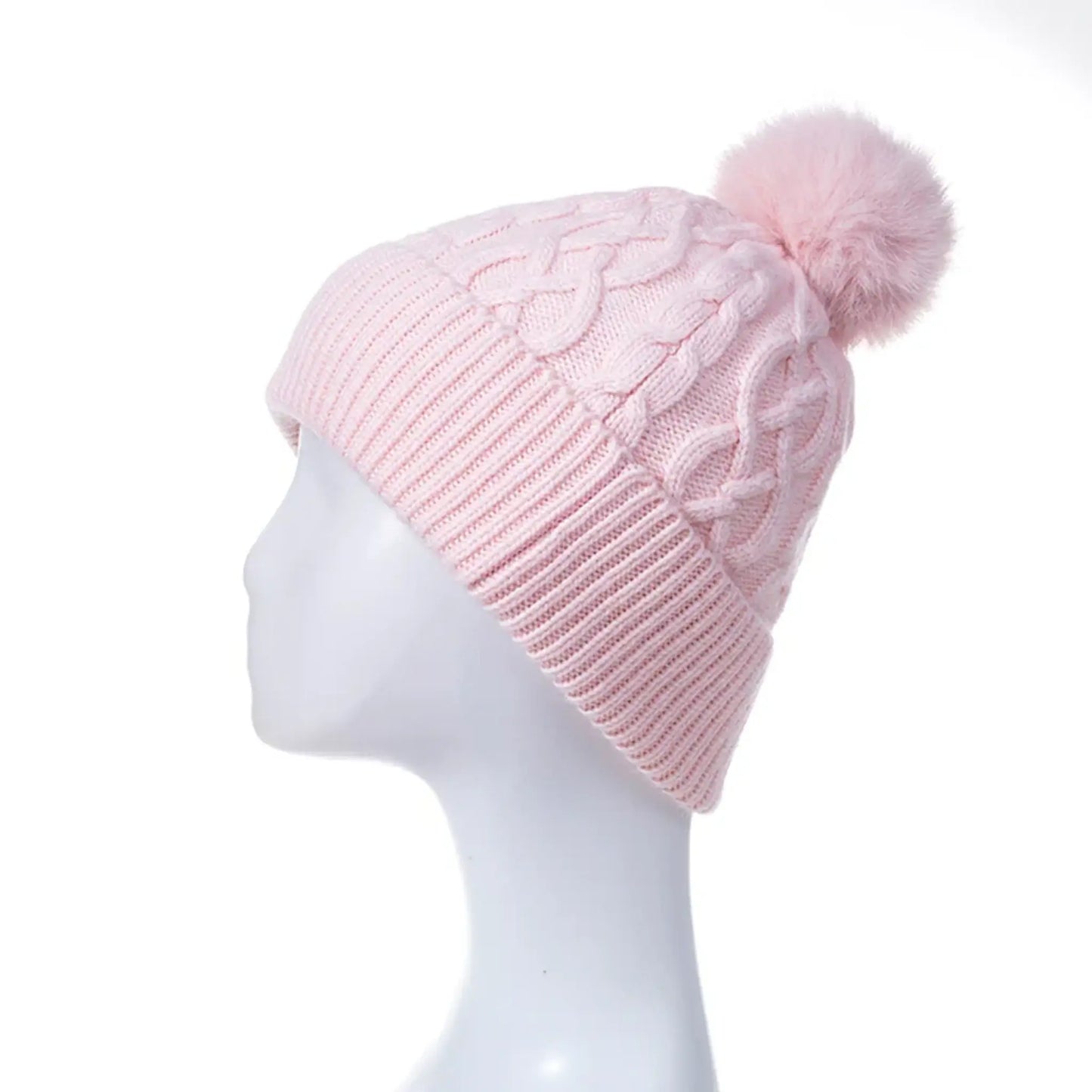 Light pink cable knitted pompom hat