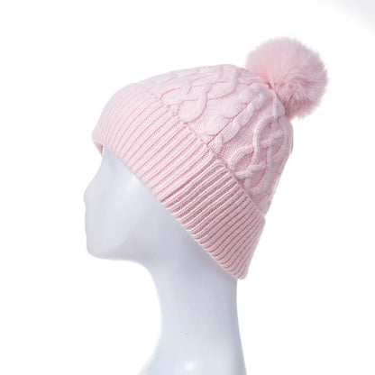 Light pink cable knitted pompom hat