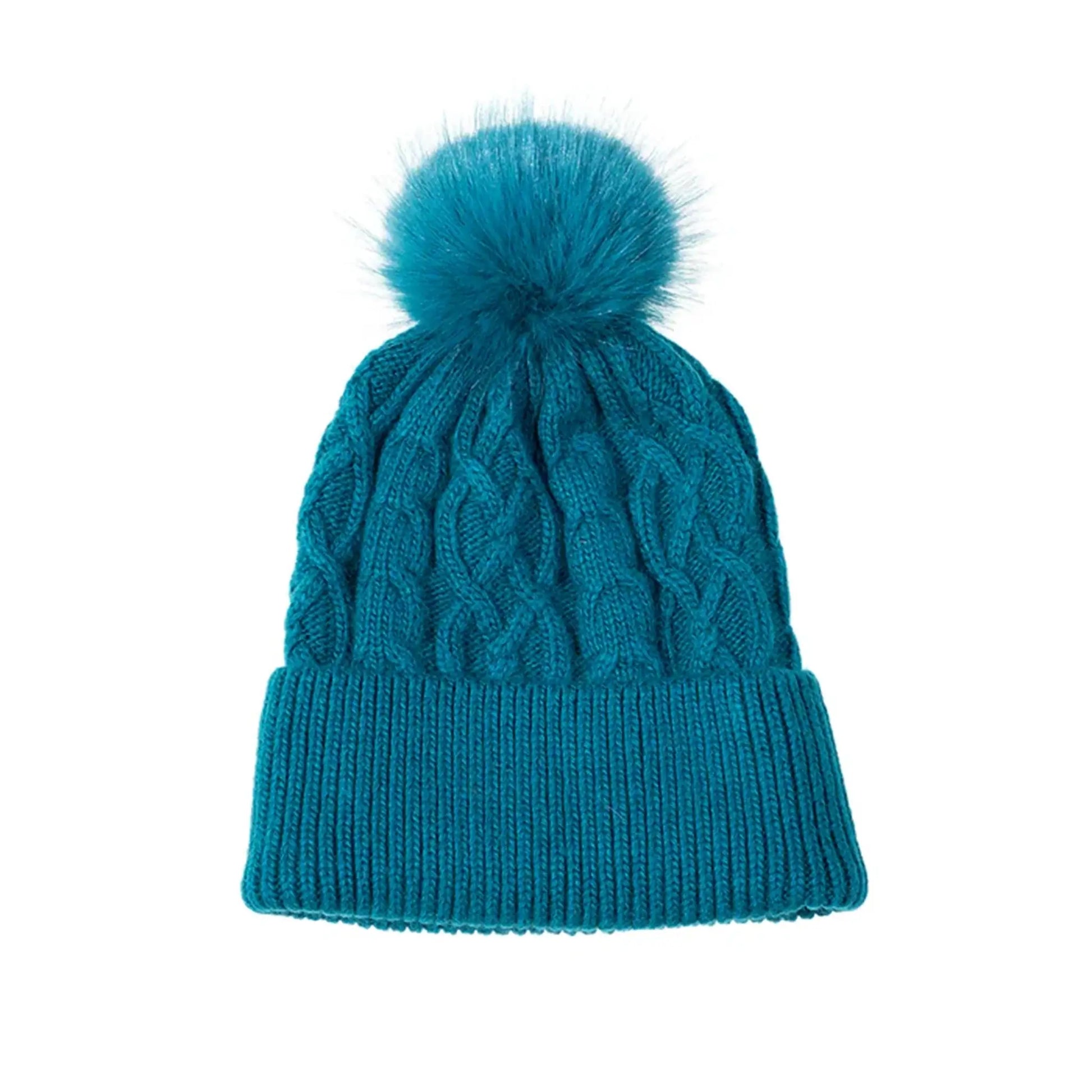 Teal blue cable knitted pompom hat