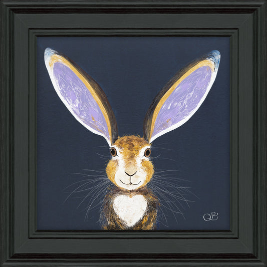 A dark square framed print featuring a hair with long ears