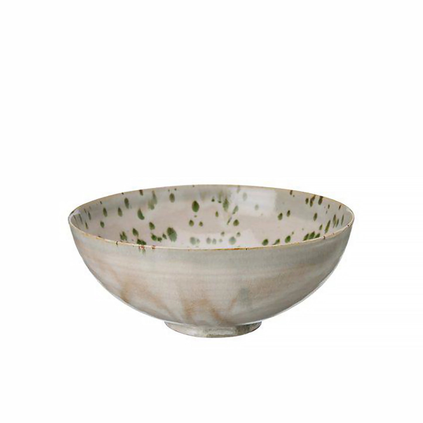 Off-white porcelain bowl with green splatter pattern