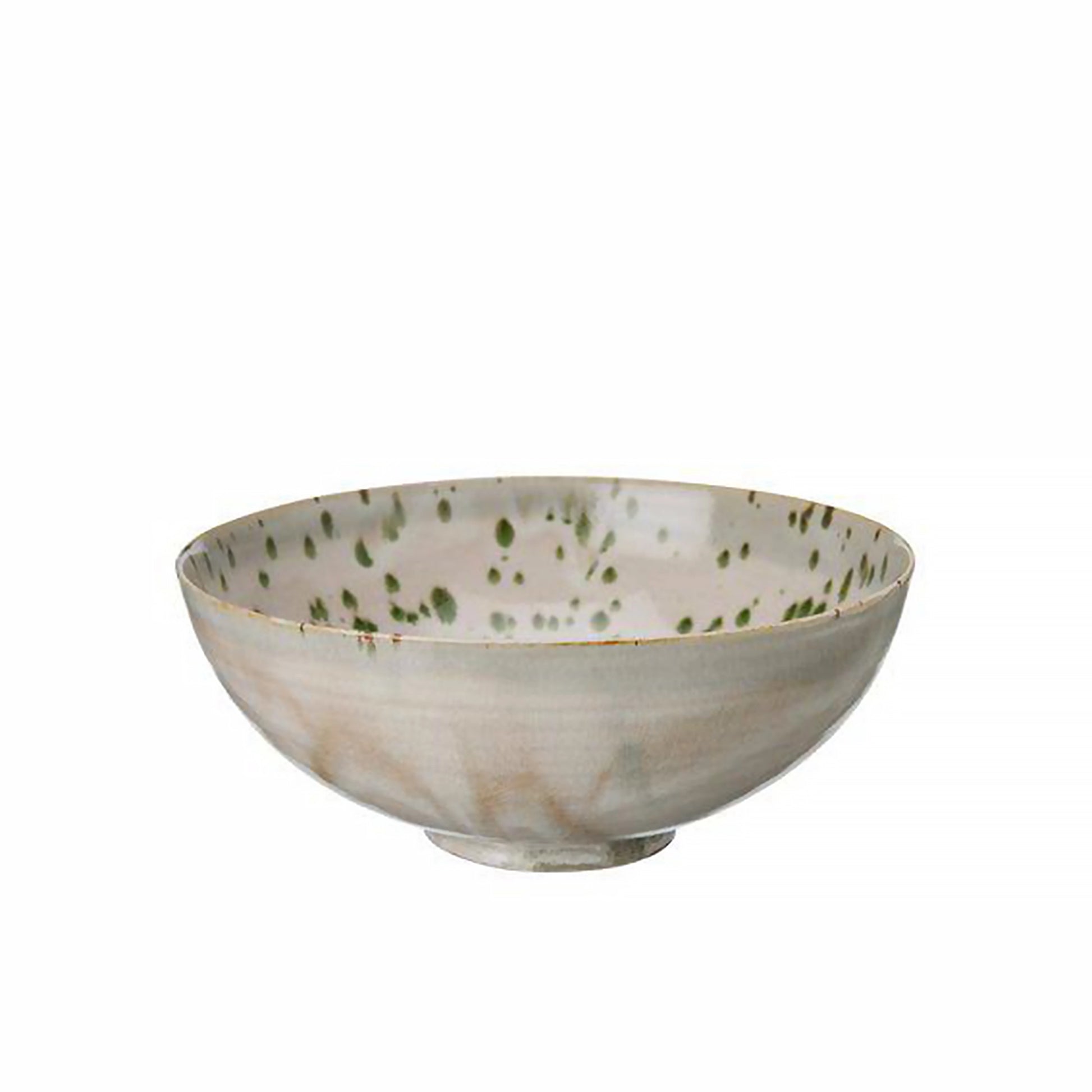 Off-white porcelain bowl with green splatter pattern