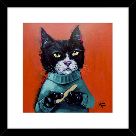 A square print featuring a little jumper wearing cat filing its claws