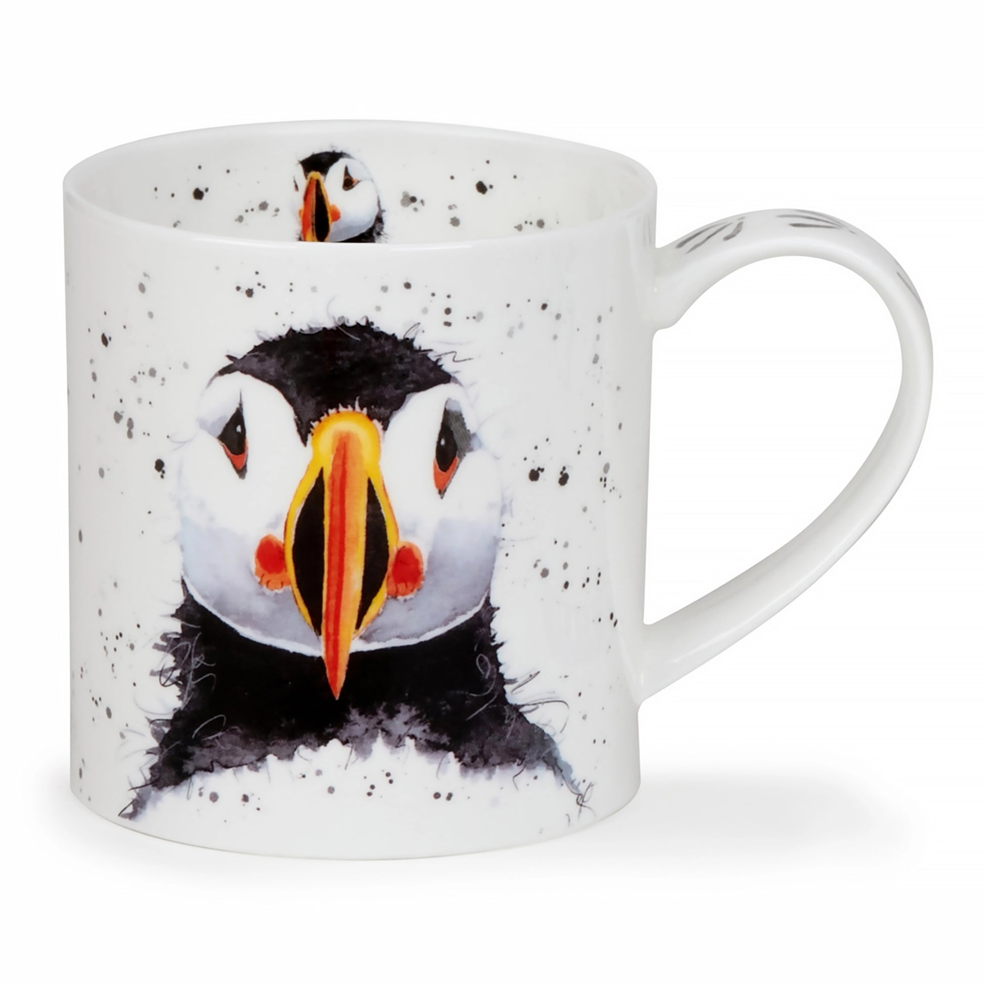White ceramic mug with watercolour puffin design