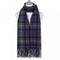 A purple and blue check scarf with fringe trim 