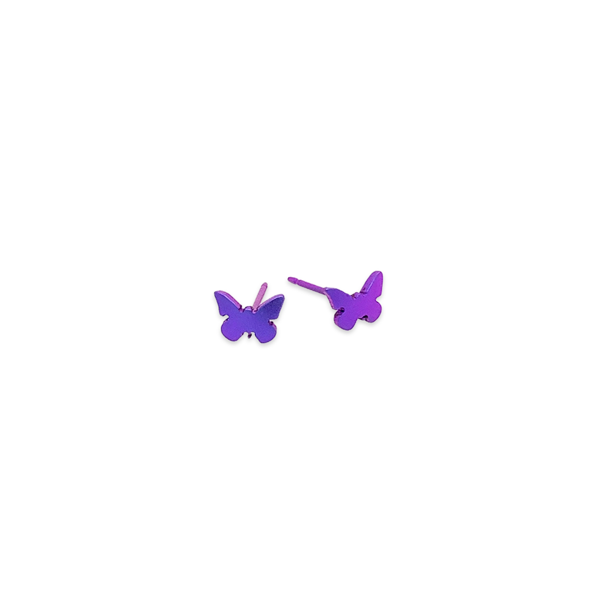 A pair of simple stud earrings shaped like butterflies in a purple colour