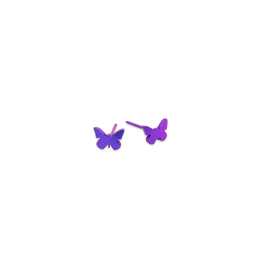 A pair of simple stud earrings shaped like butterflies in a purple colour