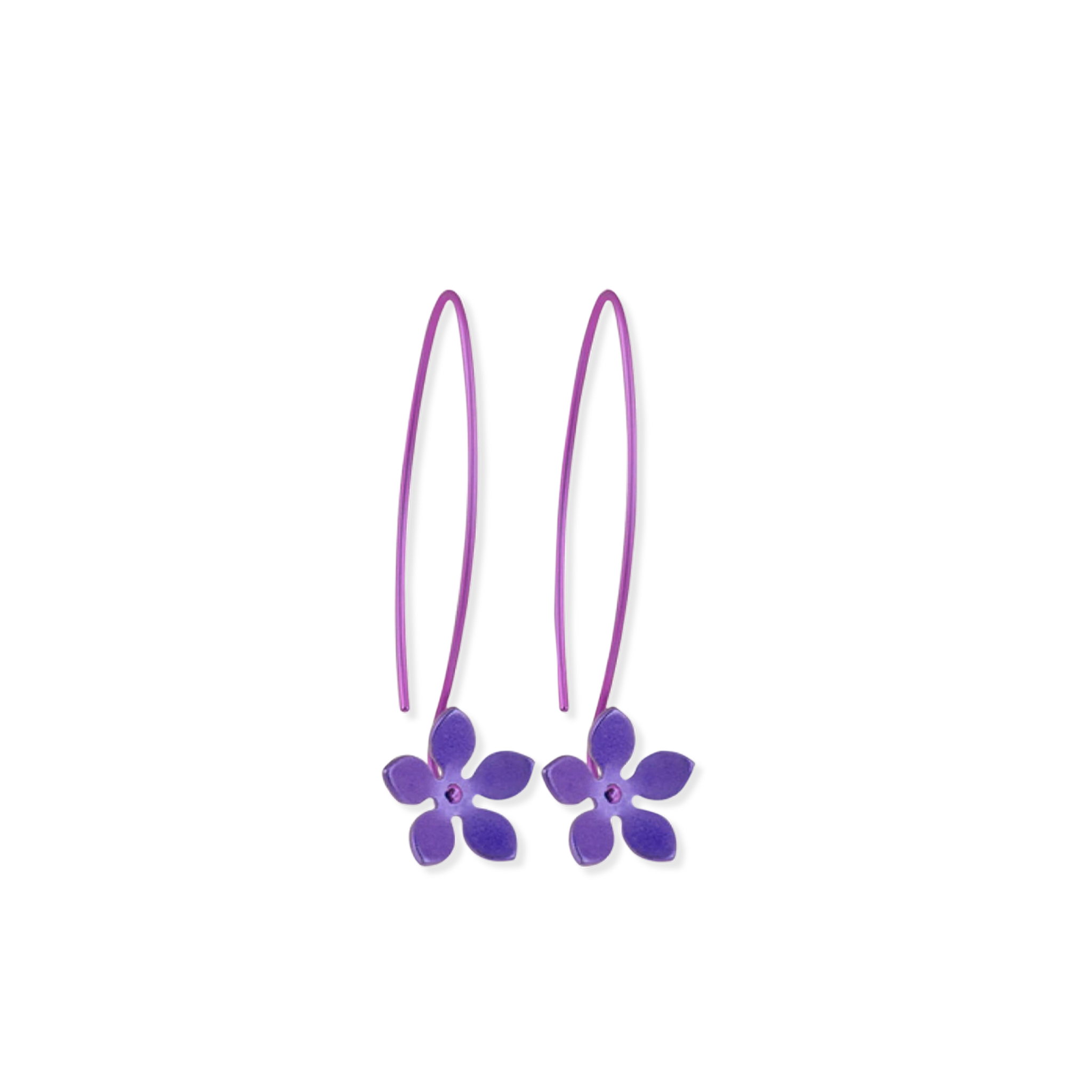 A pair of extra long hook drop earrings with 5 petal flowers on the ends in bright purple titanium