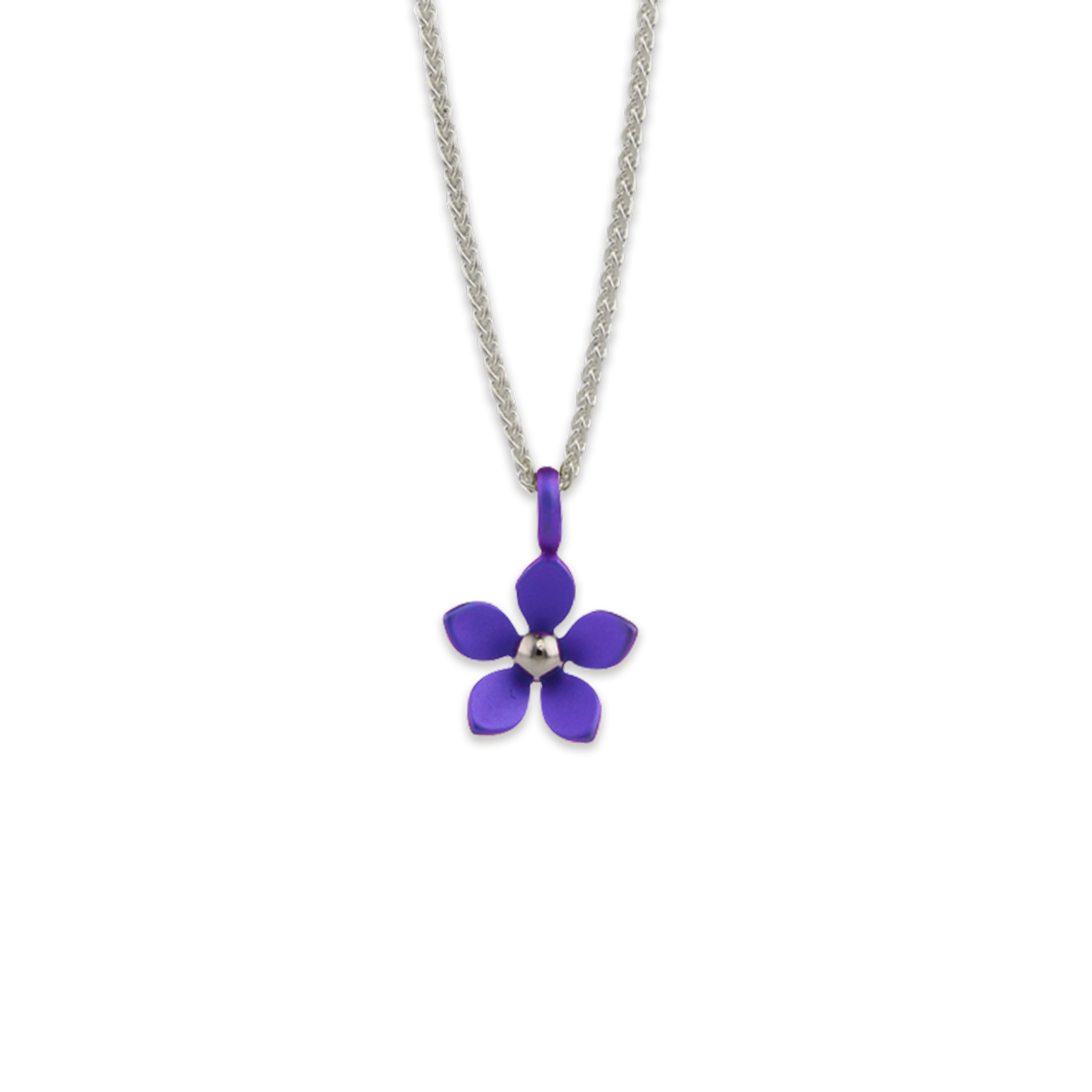 A pendant with a purple 5 petal flower on a silver chain