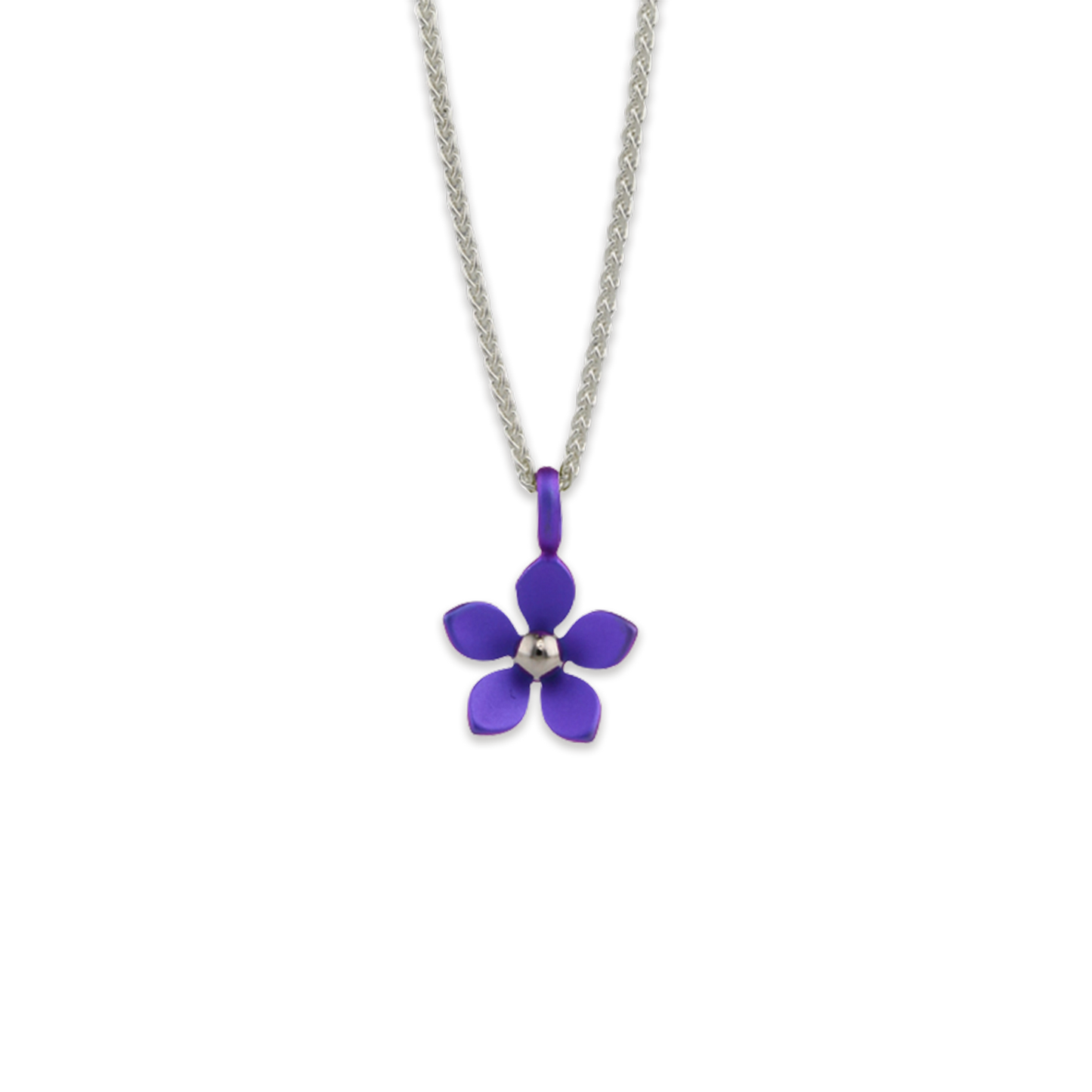 A pendant with a purple 5 petal flower on a silver chain