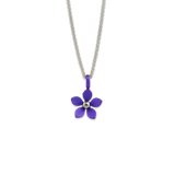 A pendant with a purple 5 petal flower on a silver chain