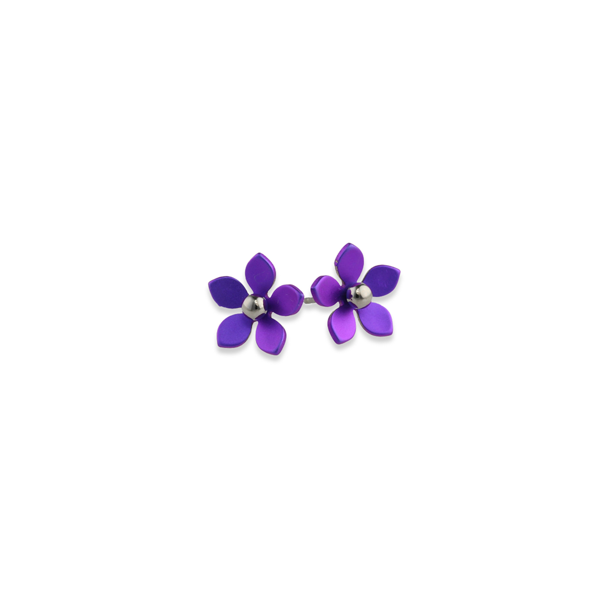 A pair of stud earrings featuring purple 5 petal flowers with polished titanium bead centres