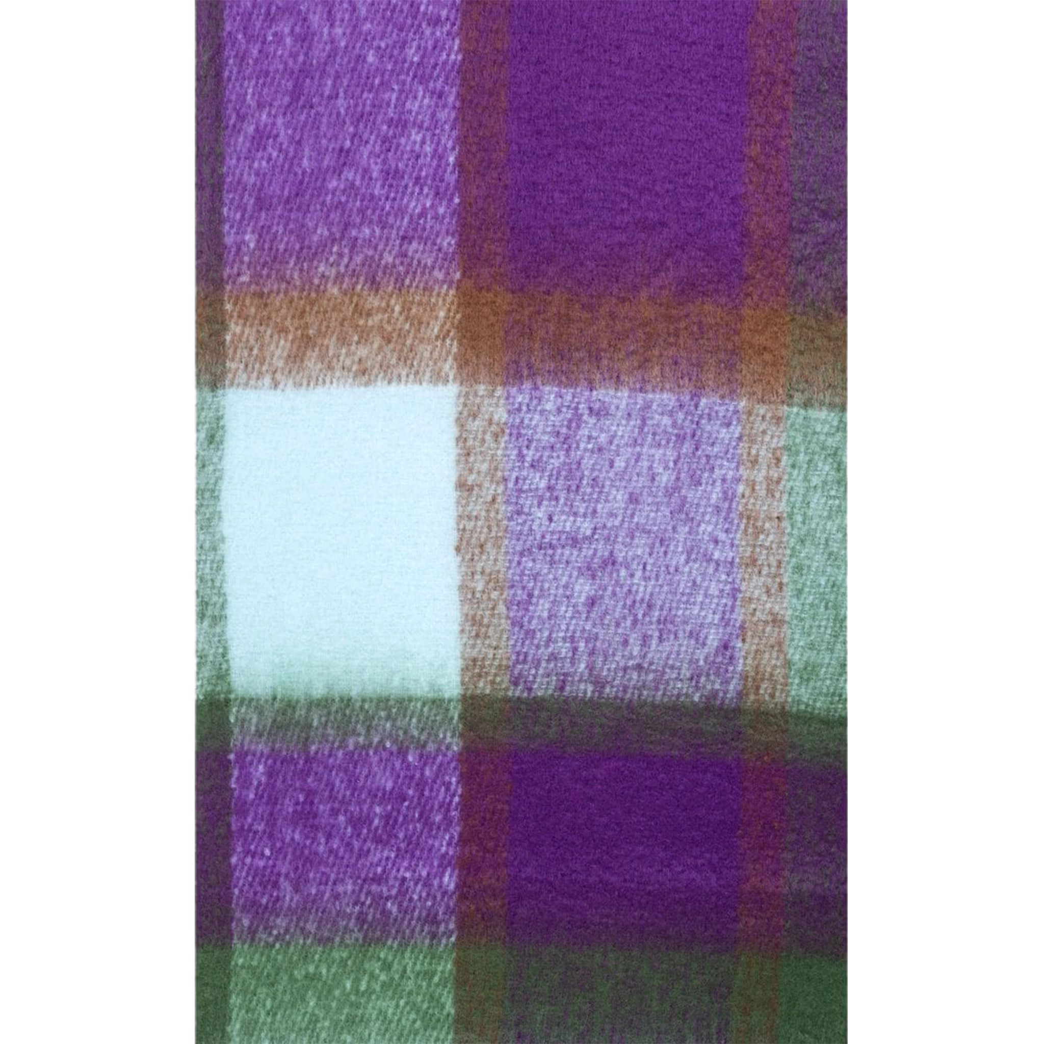 A chunky knit purple, blue and green check patterned scarf 