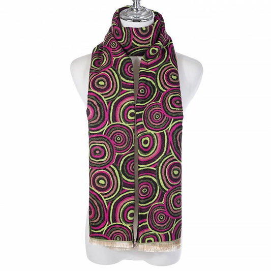 psychedelic retro concentric circle pattern scarf in pink and green with white fringe