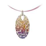 An oval pendant with yellow and purple ripple design pattern