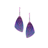 A pair of purple and blue drop earrings in a plectrum shape with abstract pattern