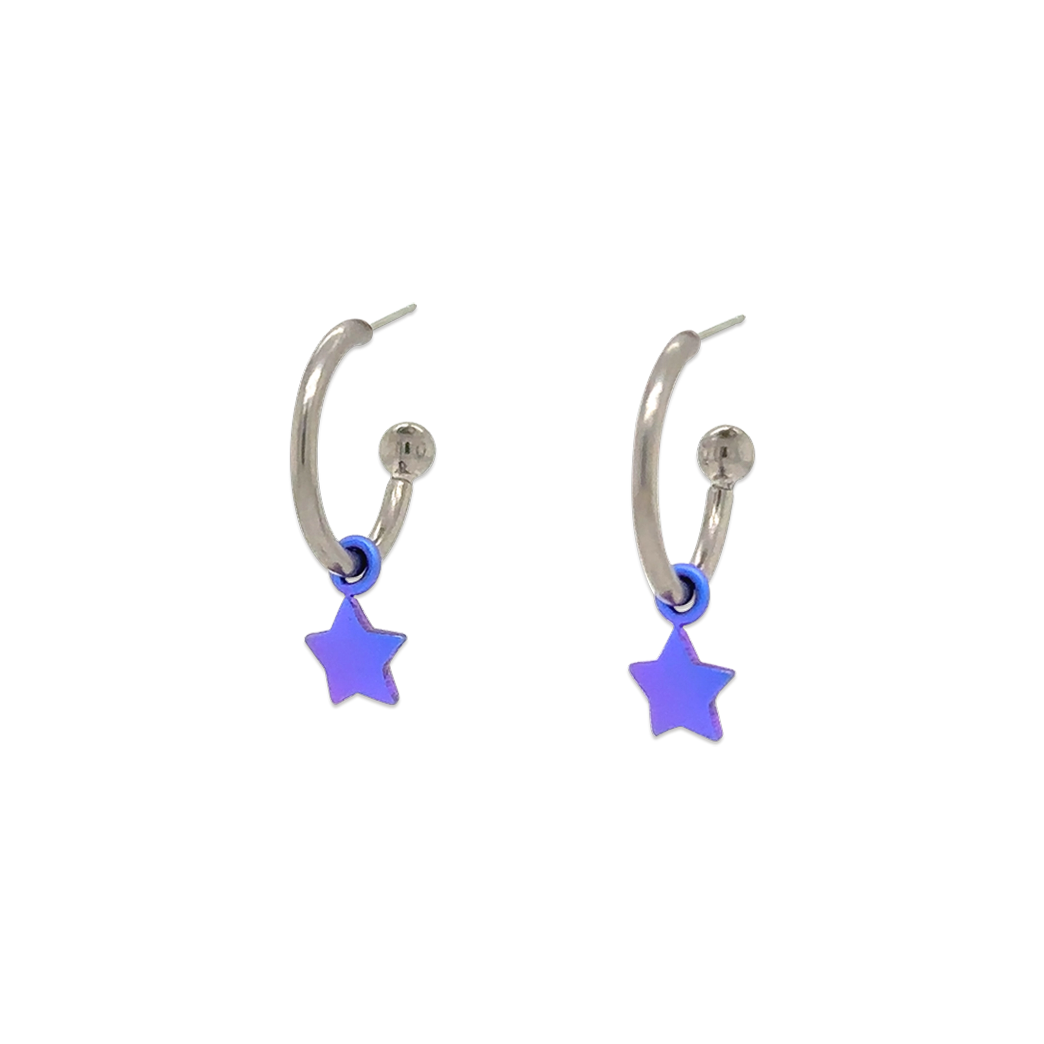 A pair of titanium hoop earrings in a steel colour with bright purple star shaped drops