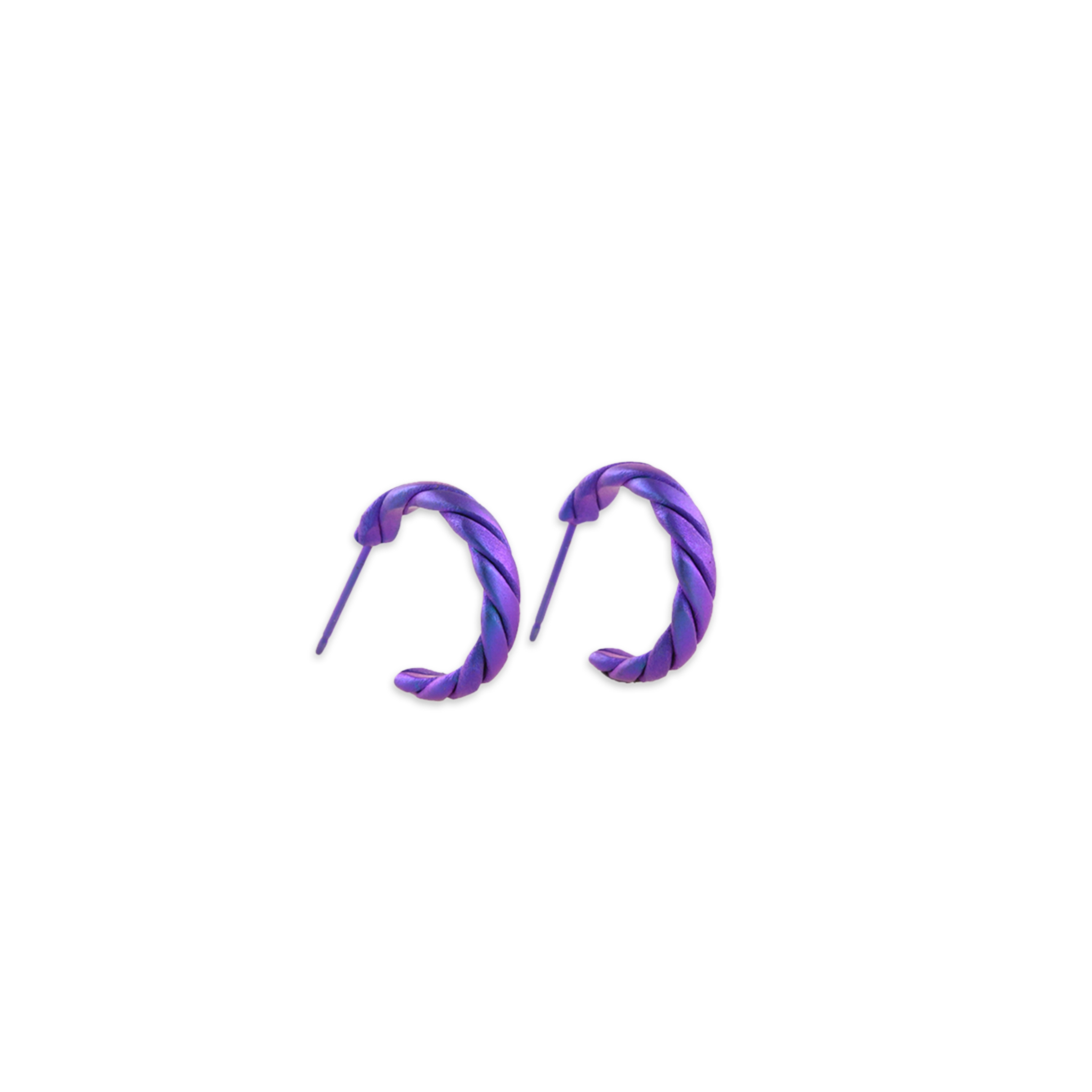 A pair of simple twist design titanium hoop earrings in a purple colour