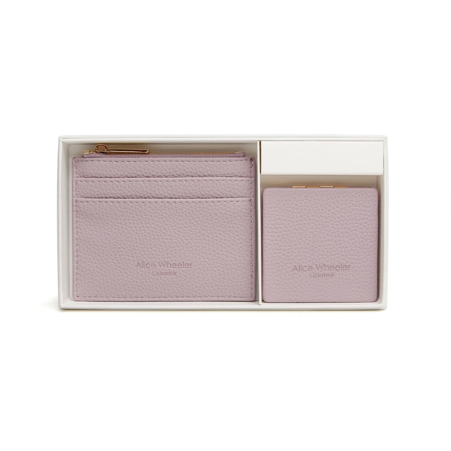 White boxed gift set with lavender faux leather compact purse and mirror