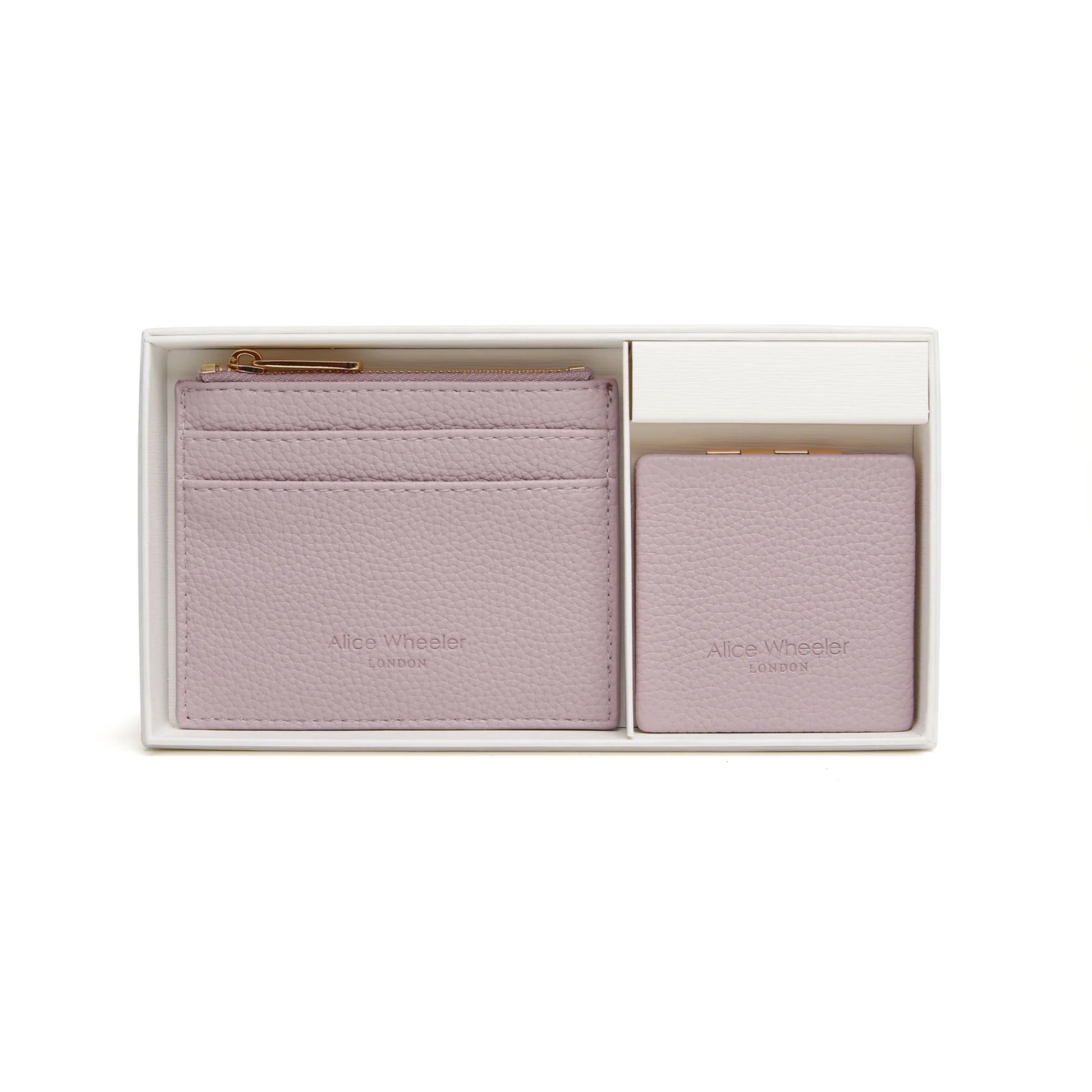 White boxed gift set with lavender faux leather compact purse and mirror