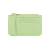 A green leather textured purse with a zip pouch and three card slots