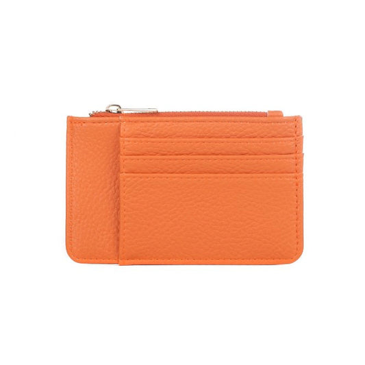 Orange faux leather purse with zip pocket and three card slots