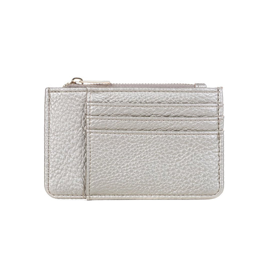 A silver leather purse with a zip pocket and three card slots