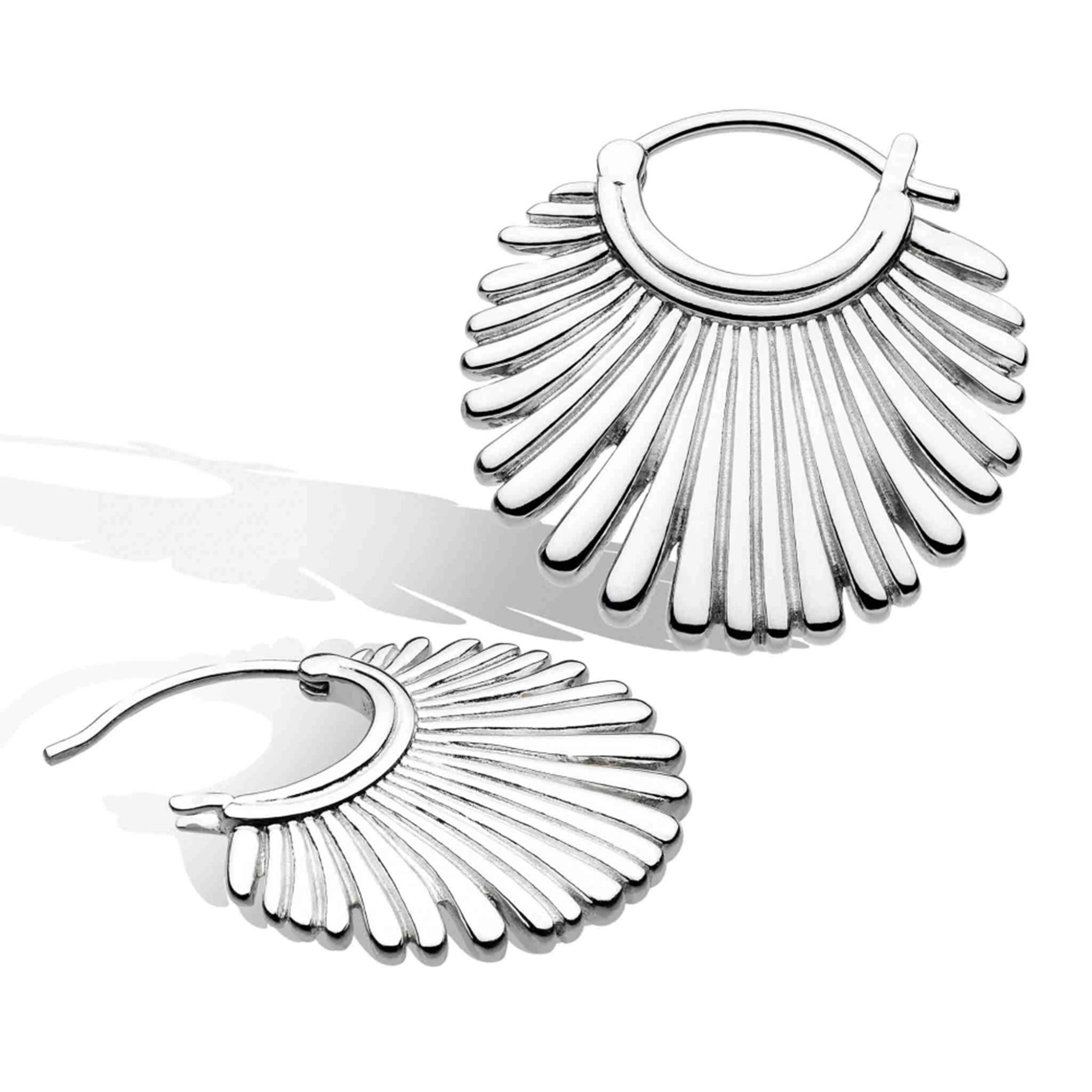 A silver pair of round fan shaped hoop earrings
