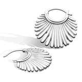A silver pair of round fan shaped hoop earrings