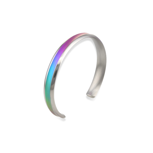 A simple titanium open bangle with rainbow band detail